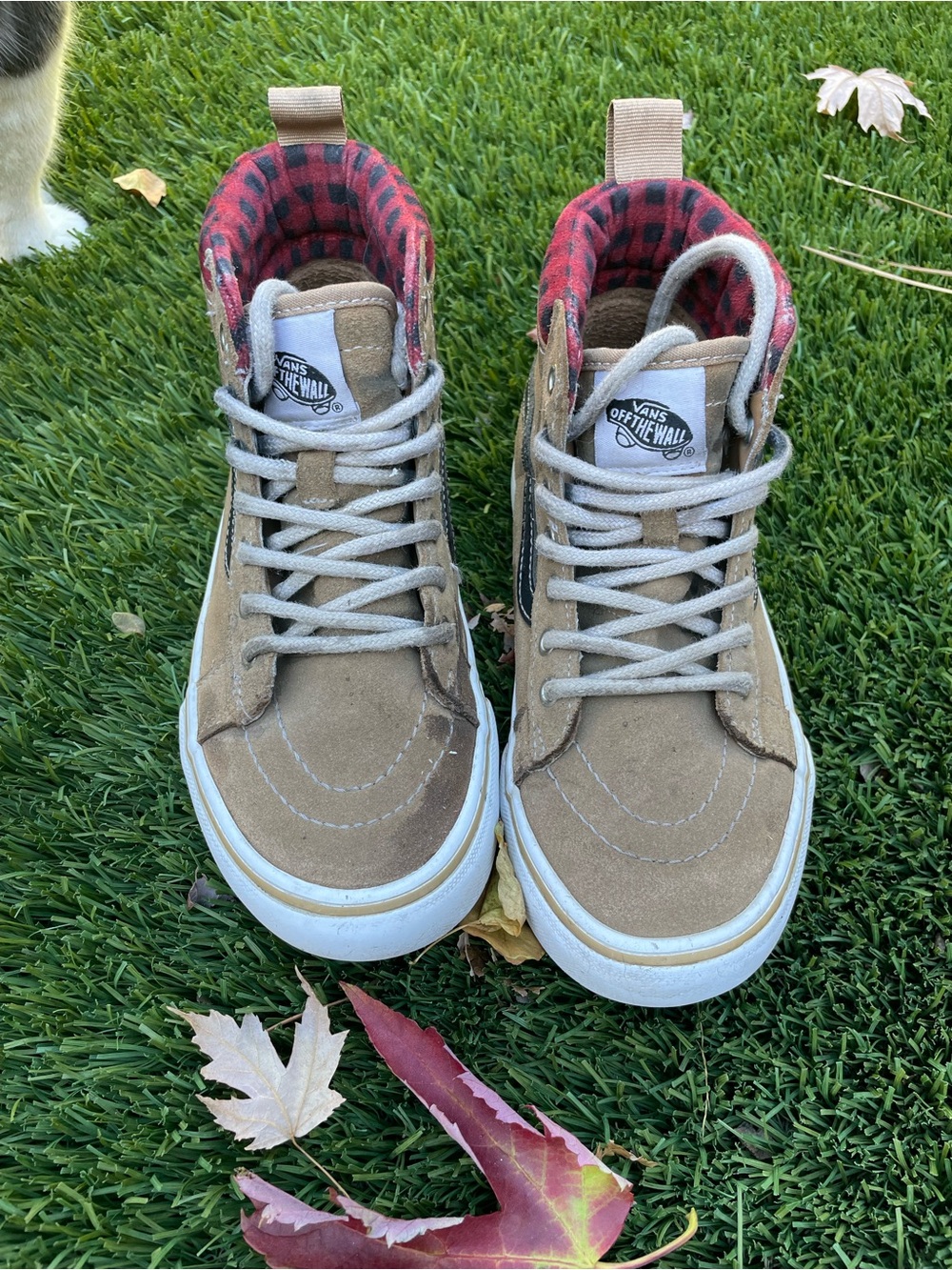 MT Kids' Tan High-Top Sneakers with Red Plaid Lining